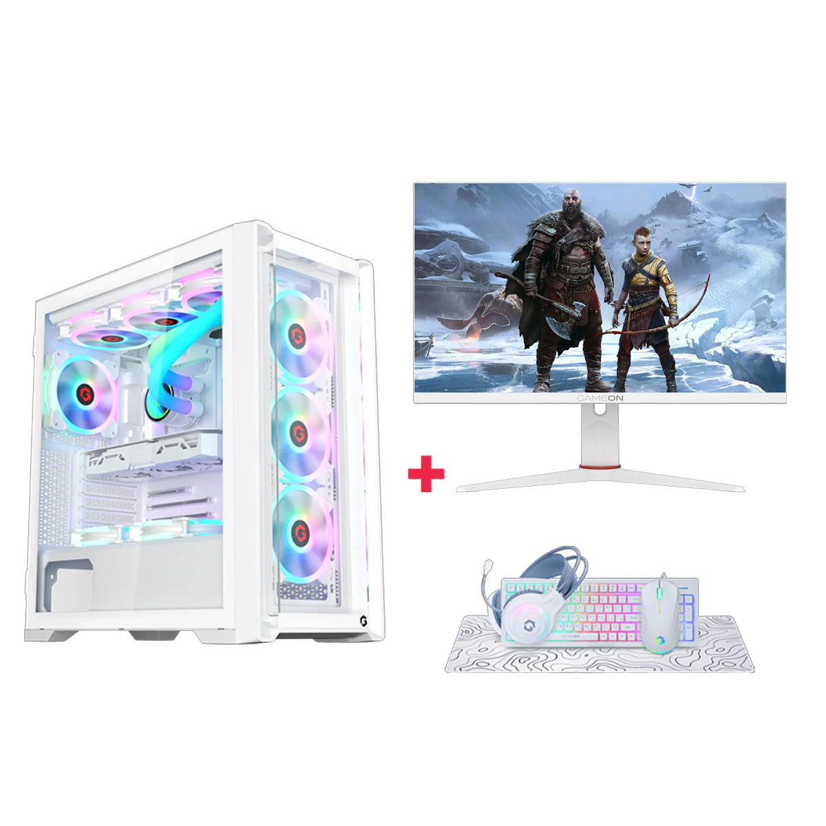 Customized Gaming PC Bundle - Intel i5 12400F Processor, 16GB RAM, 1TB SSD, RTX 3050 6GB, 650W PSU, Liquid Cooler, 24" FHD 180Hz IPS Monitor & All-in-One Gaming Bundle (Keyboard, Headset, Mouse, Mousepad) - White