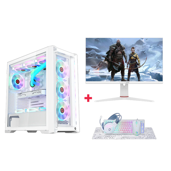 Customized Gaming PC Bundle - Intel i5 12400F Processor, 16GB RAM, 1TB SSD, RTX 3050 6GB, 650W PSU, Liquid Cooler, 24" FHD 180Hz IPS Monitor & All-in-One Gaming Bundle (Keyboard, Headset, Mouse, Mousepad) - White