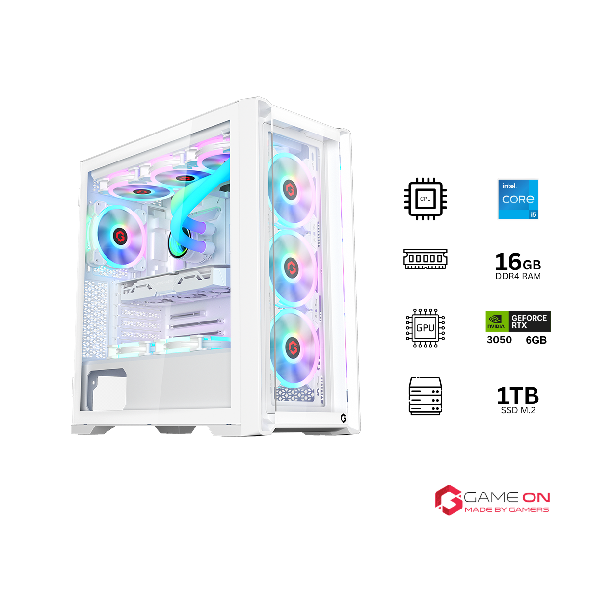 Customized Gaming PC Bundle - Intel i5 12400F Processor, 16GB RAM, 1TB SSD, RTX 3050 6GB, 650W PSU, Liquid Cooler, 24" FHD 180Hz IPS Monitor & All-in-One Gaming Bundle (Keyboard, Headset, Mouse, Mousepad) - White