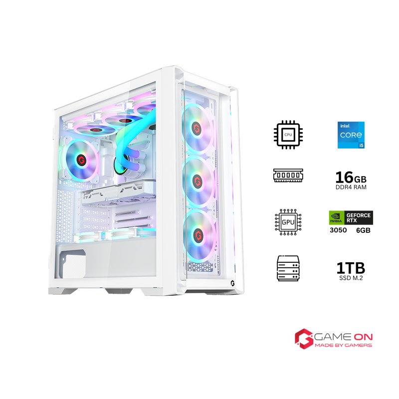 Customized Gaming PC Bundle - Intel i5 12400F Processor, 16GB RAM, 1TB SSD, RTX 3050 6GB, 650W PSU, Liquid Cooler, 24" FHD 180Hz IPS Monitor & All-in-One Gaming Bundle (Keyboard, Headset, Mouse, Mousepad) - White