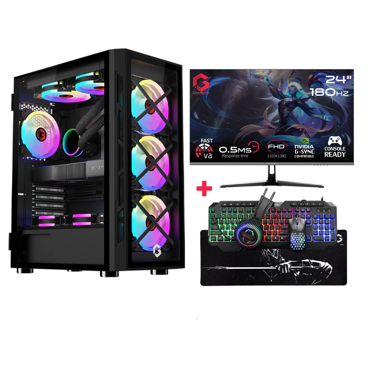Customized Gaming PC Bundle - Intel i5 12400F Processor, 16GB RAM, 1TB SSD, RTX 3050 6GB, 650W PSU, 24" FHD 180Hz Monitor & All-In-One Gaming Bundle (Keyboard, Headset, Mouse & Mousepad) - Black