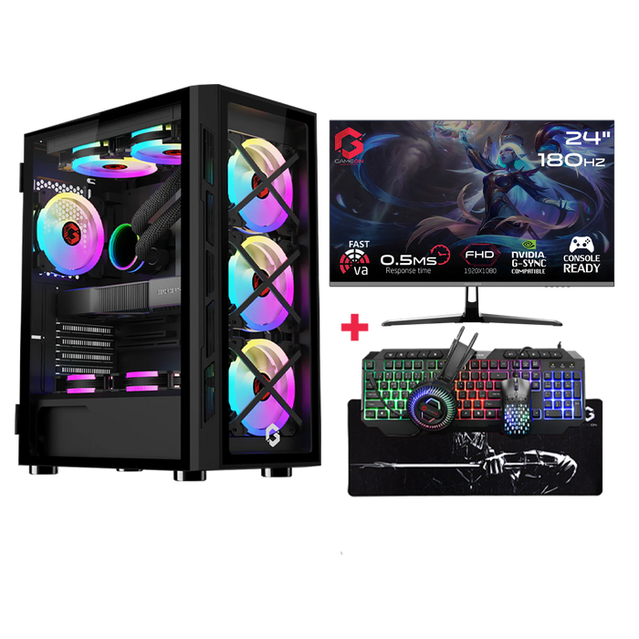 Customized Gaming PC Bundle - Intel i5 12400F Processor, 16GB RAM, 1TB SSD, RTX 3050 6GB, 650W PSU, 24" FHD 180Hz Monitor & All-In-One Gaming Bundle (Keyboard, Headset, Mouse & Mousepad) - Black