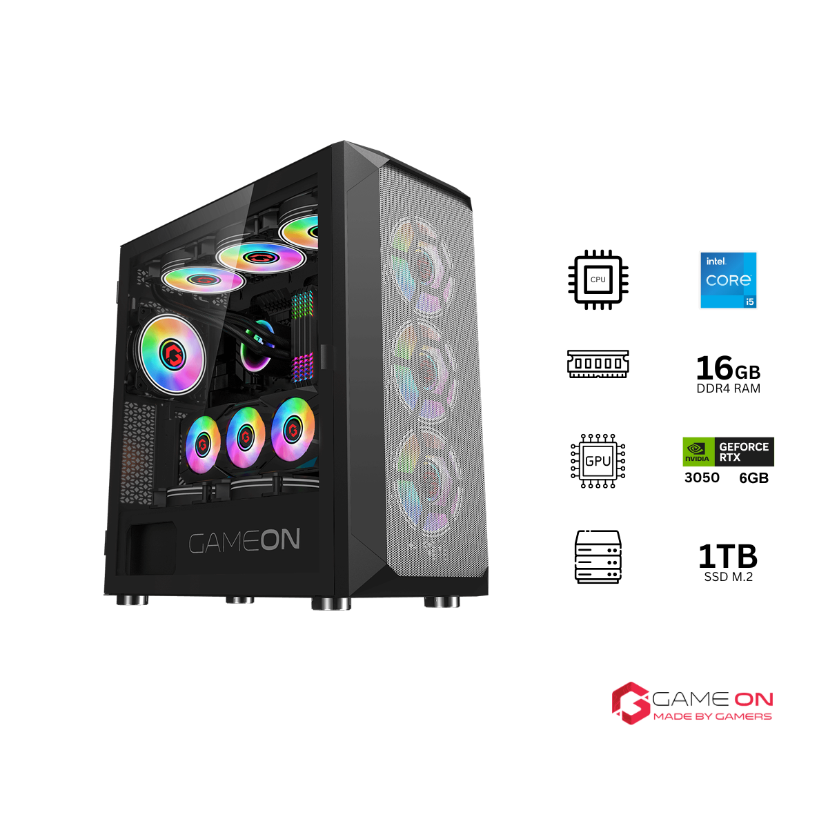 Customized Gaming PC Bundle - Intel i5 12400F Processor, 16GB RAM, 1TB SSD, RTX 3050 6GB, 650W PSU - Black