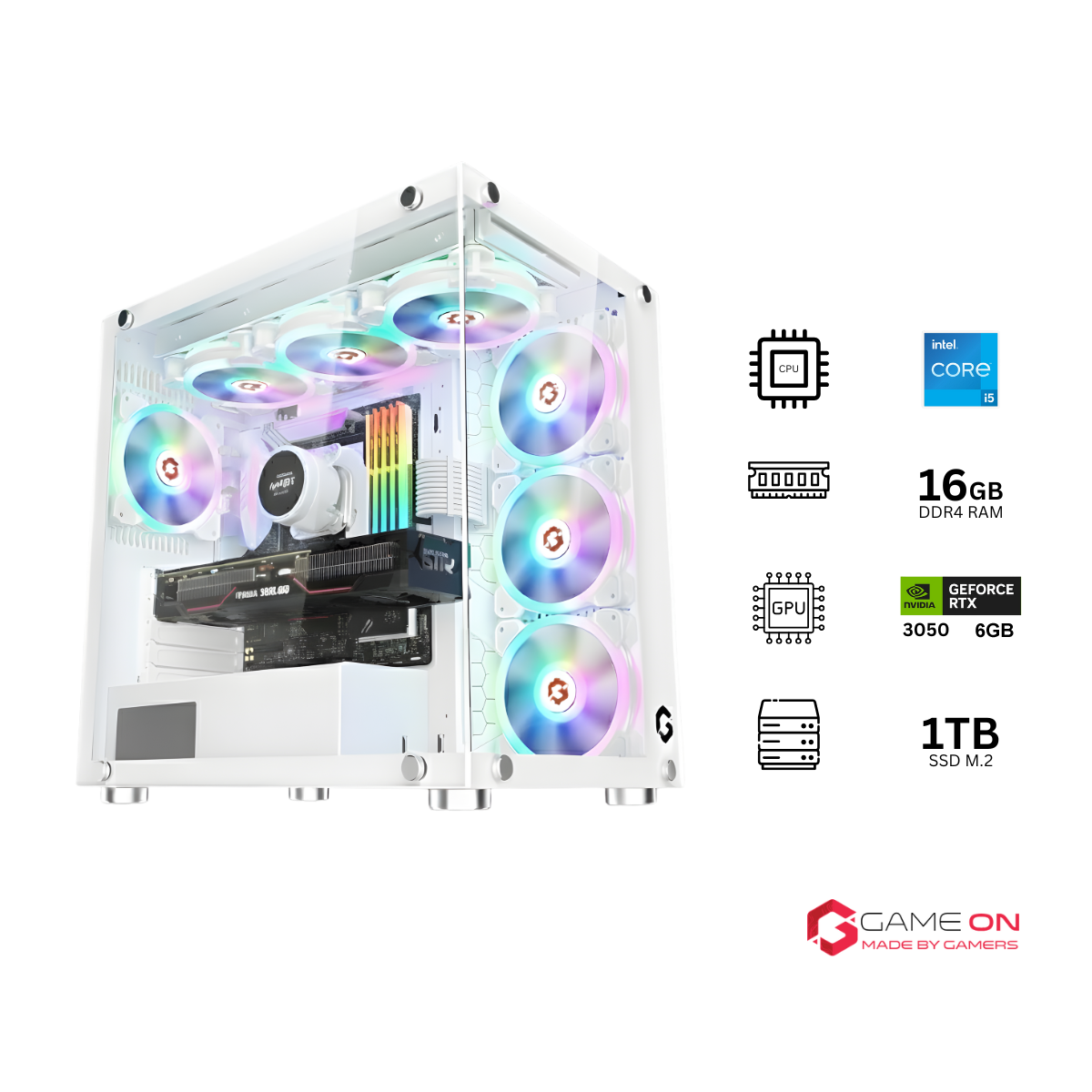 Customized Gaming PC Bundle - Intel i5 12400F Processor, 16GB RAM, 1TB SSD, RTX 3050 6GB OC, 650W PSU - White