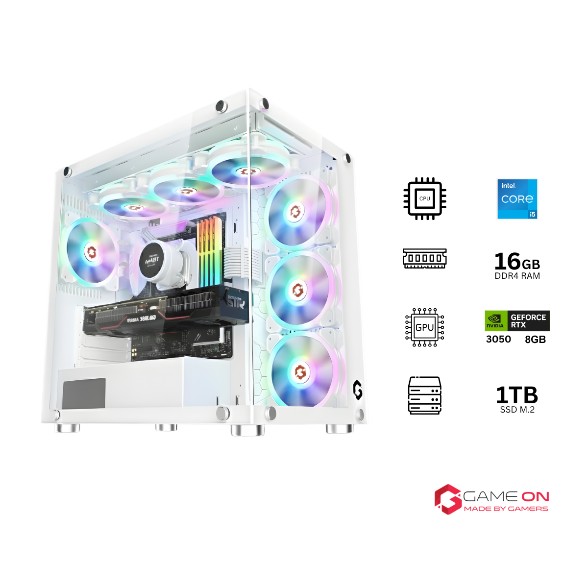 Customized Gaming PC Bundle - Intel i5 12400F Processor, 16GB RAM, 1TB SSD, RTX 3050 8GB OC, 650W PSU - White