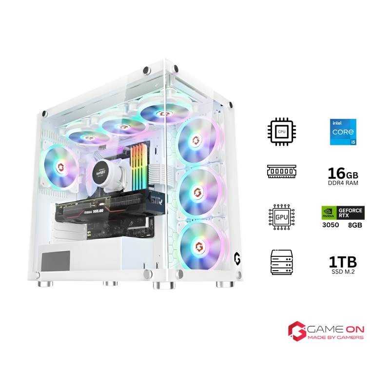 Customized Gaming PC Bundle - Intel i5 12400F Processor, 16GB RAM, 1TB SSD, RTX 3050 8GB OC, 650W PSU - White