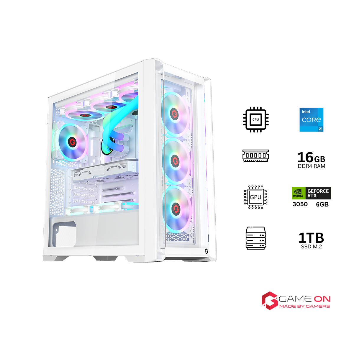 Customized Gaming PC Bundle - Intel i5 12400F Processor, 16GB RAM, 1TB SSD, RTX 3050 6GB, 650W PSU, Liquid Cooler - White