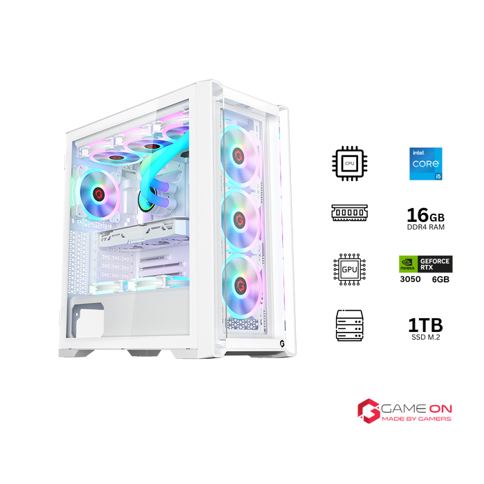 Customized Gaming PC Bundle - Intel i5 12400F Processor, 16GB RAM, 1TB SSD, RTX 3050 6GB, 650W PSU, Liquid Cooler - White