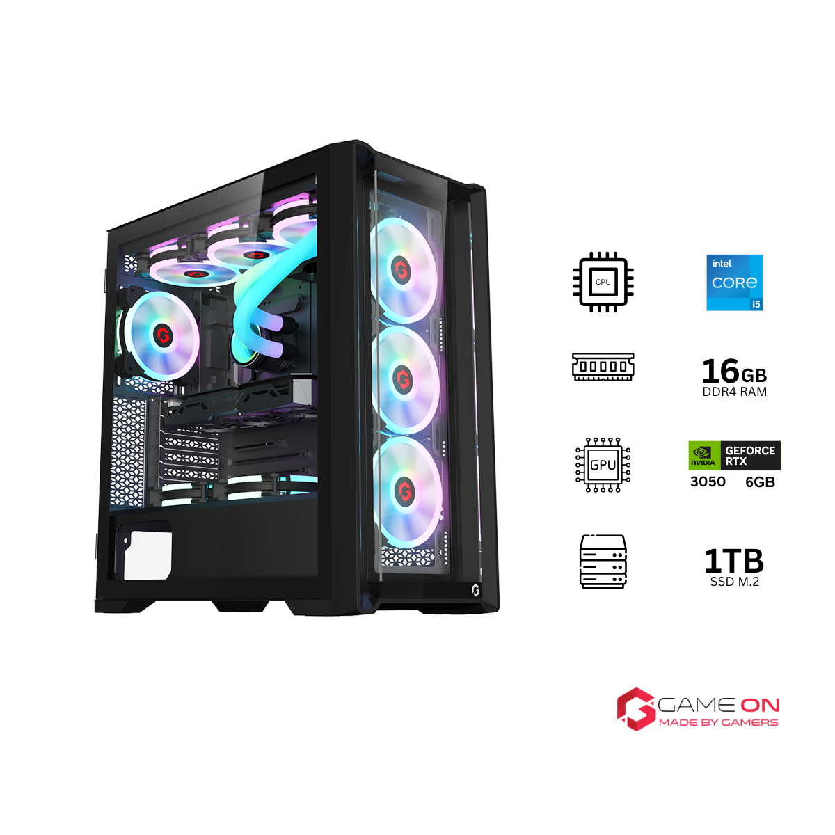 Customized Gaming PC Bundle - Intel i5 12400F Processor, 16GB RAM, 1TB SSD, RTX 3050 6GB, 650W PSU, Liquid Cooler - Black