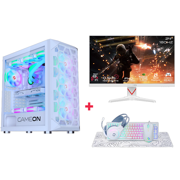 Customized Gaming PC Bundle - Intel i5 14400F Processor, 16GB RAM, 1TB SSD, RTX 3050 6GB, 650W PSU, Liquid Cooler, 24" FHD 180Hz Monitor & All-In-One Gaming Bundle (Keyboard, Headset, Mouse & Mousepad) - White