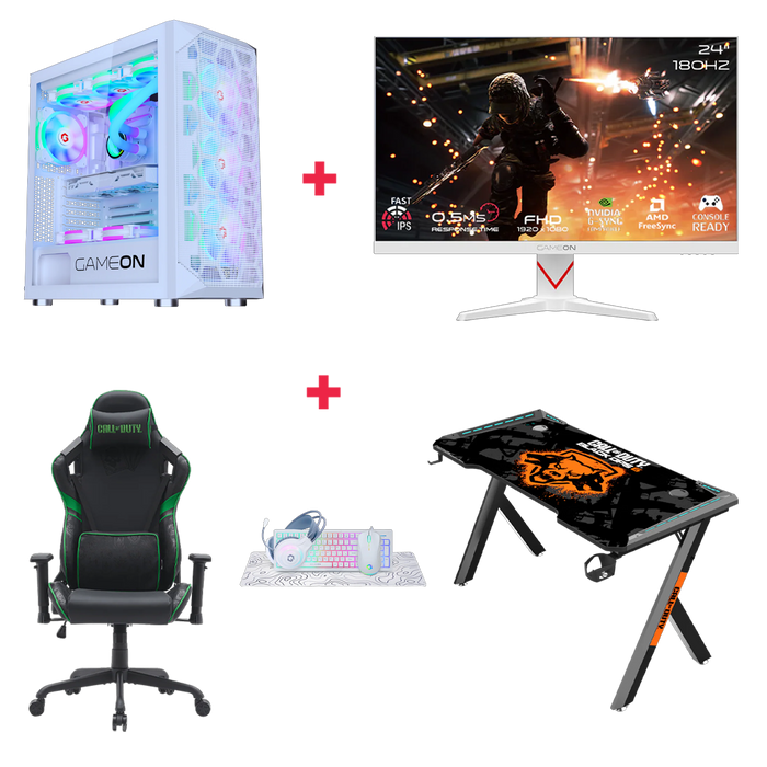 Customized Gaming PC Bundle - Intel i5 14400F Processor, 16GB RAM, 1TB SSD, RTX 3050 6GB, 650W PSU, 24" FHD 180Hz Monitor & All-In-One Gaming Bundle (Keyboard, Headset, Mouse & Mousepad) + Gaming Chair & Desk - White