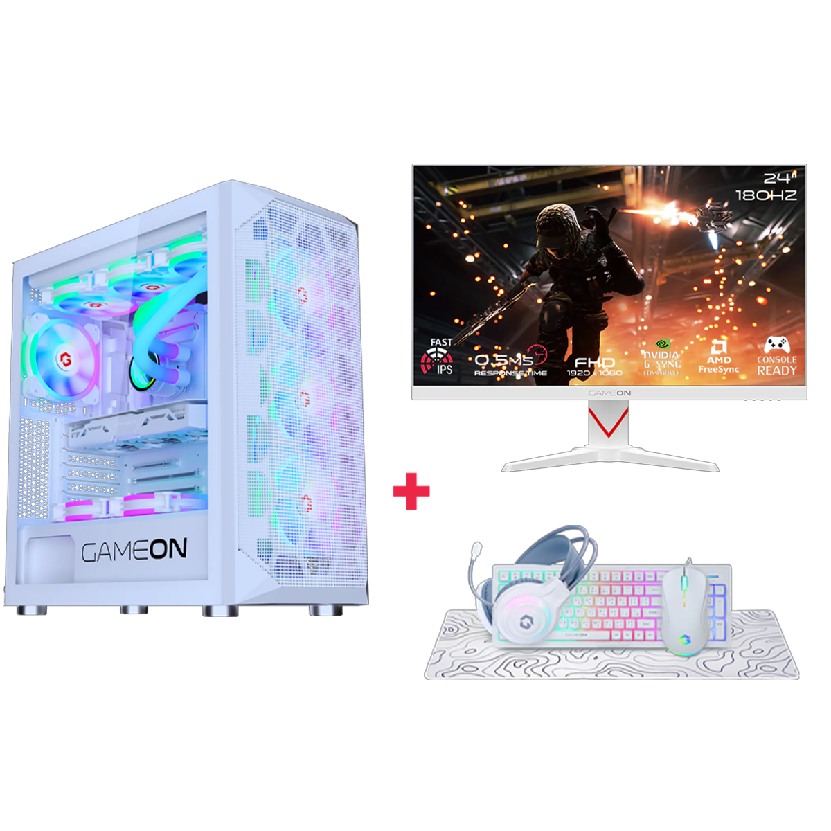 Customized Gaming PC Bundle - Intel i5 14400F Processor, 16GB RAM, 1TB SSD, RTX 3050 6GB, 650W PSU, 24" FHD 180Hz Monitor & All-In-One Gaming Bundle (Keyboard, Headset, Mouse & Mousepad) - White