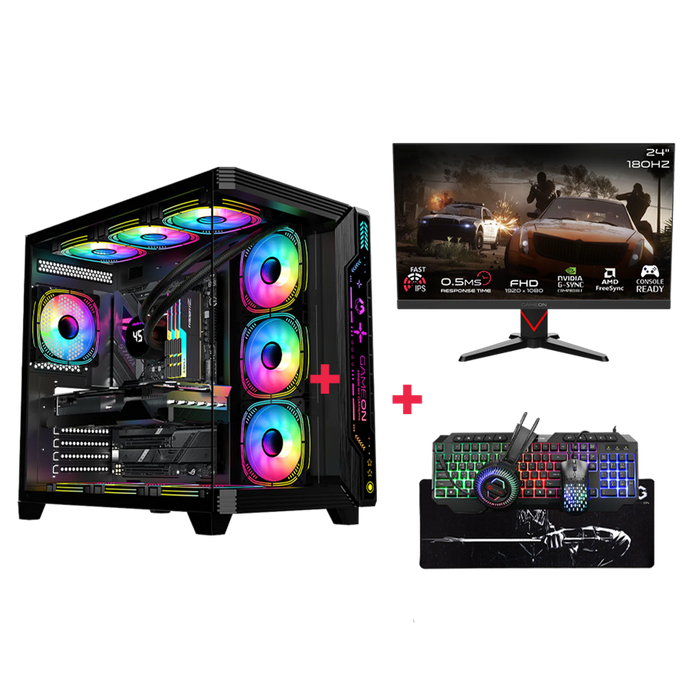 Customized Gaming PC Bundle - Intel i5 14400F Processor, 16GB RAM, 1TB SSD, RTX 3050 6GB, 650W PSU, 24" FHD 180Hz Monitor & All-In-One Gaming Bundle (Keyboard, Headset, Mouse & Mousepad) - Black