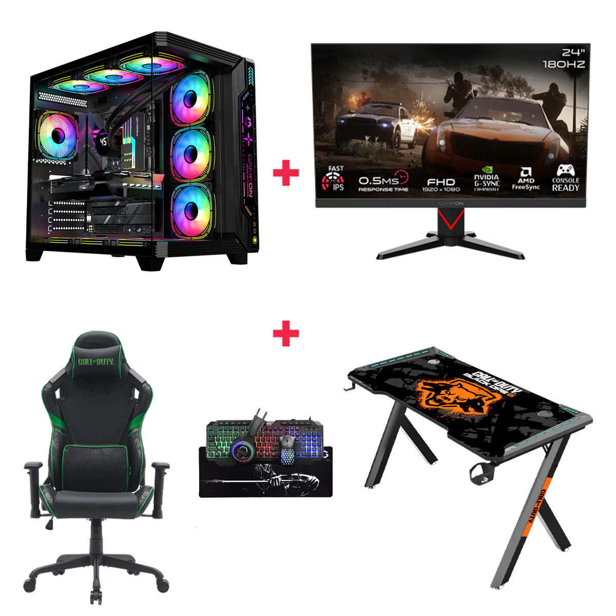 Customized Gaming PC Bundle - Intel i5 14400F Processor, 16GB RAM, 1TB SSD, RTX 3050 6GB, 650W PSU, 24" FHD 180Hz Monitor & All-In-One Gaming Bundle (Keyboard, Headset, Mouse & Mousepad) + Gaming Chair & Desk - Black
