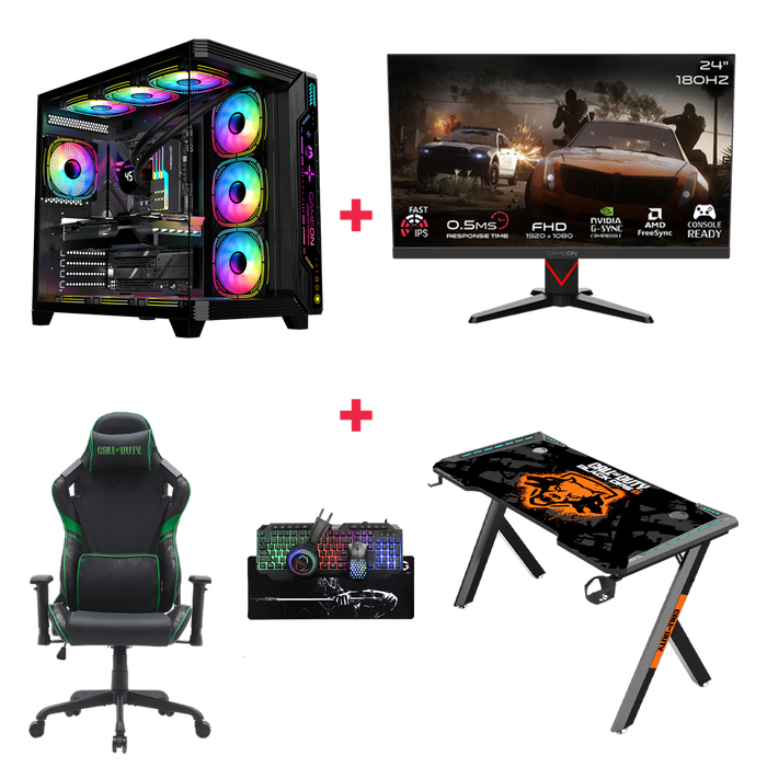 Customized Gaming PC Bundle - Intel i5 14400F Processor, 16GB RAM, 1TB SSD, RTX 3050 6GB, 650W PSU, 24" FHD 180Hz Monitor & All-In-One Gaming Bundle (Keyboard, Headset, Mouse & Mousepad) + Gaming Chair & Desk - Black