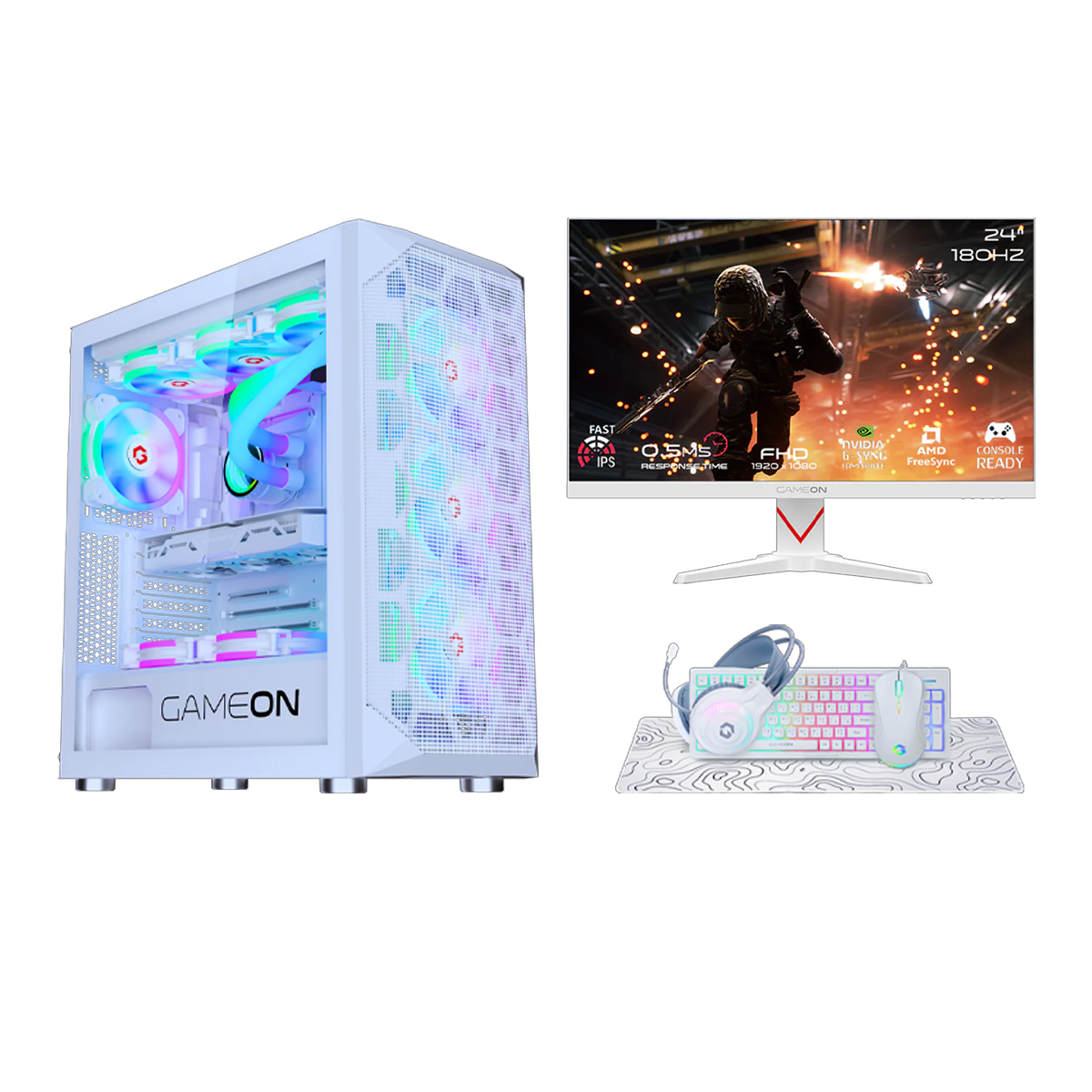 i5 14400F, 16GB RAM, 1TB SSD, RTX 3050 6GB, 650W PSU, Liquid Cooler, 24" FHD 180Hz Monitor & All-In-One Gaming Bundle (Keyboard, Headset, Mouse & Mousepad) - White | Gaming PC Bundle