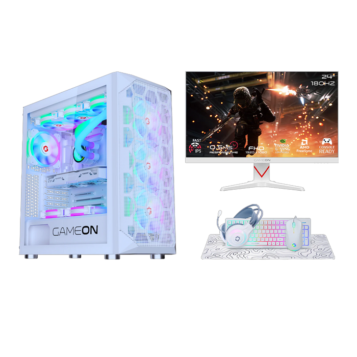 i5 14400F, 16GB RAM, 1TB SSD, RTX 3050 6GB, 650W PSU, Liquid Cooler, 24" FHD 180Hz Monitor & All-In-One Gaming Bundle (Keyboard, Headset, Mouse & Mousepad) - White | Gaming PC Bundle