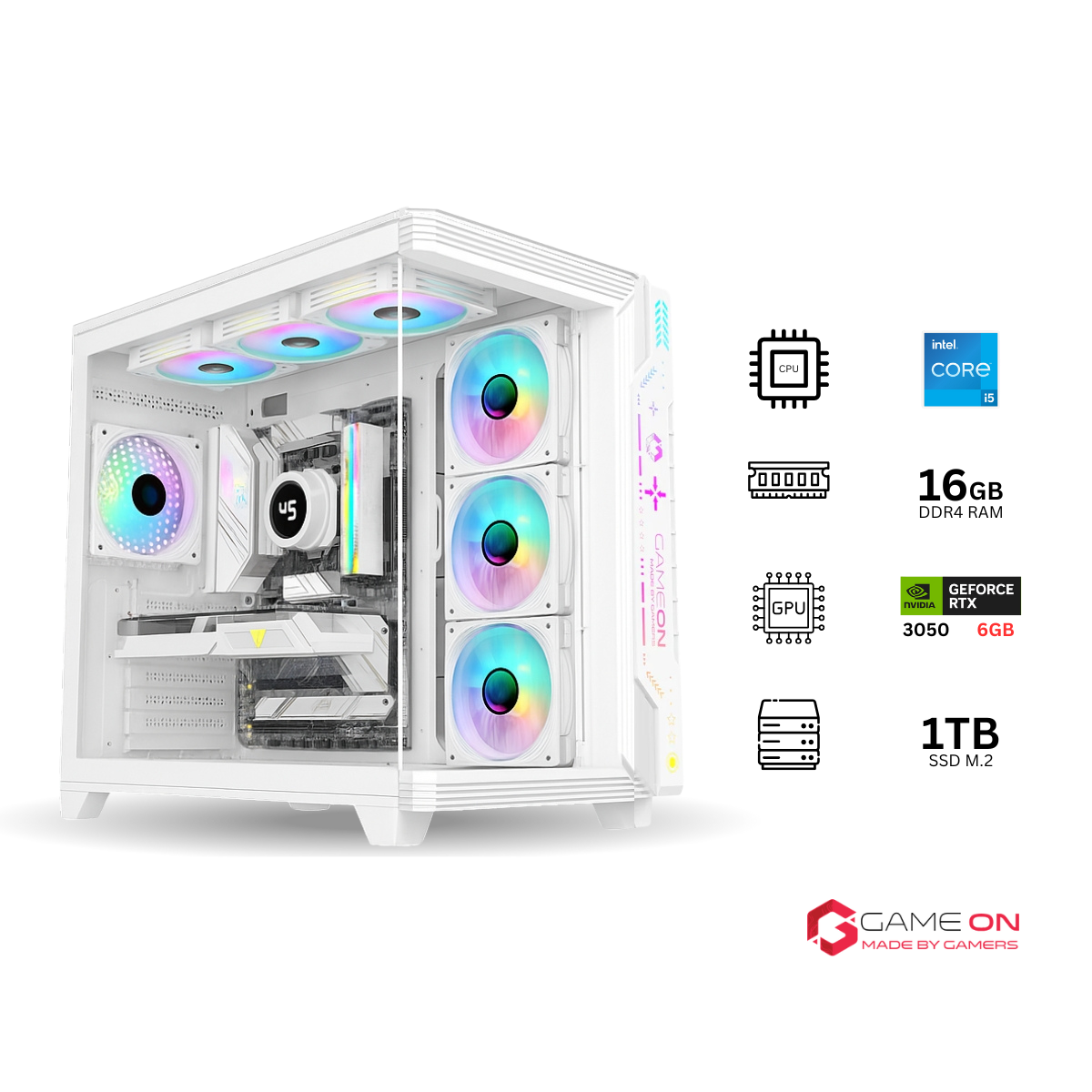 Customized Gaming PC Bundle - Intel i5 14400F Processor, 16GB RAM, 1TB SSD, RTX 3050 6GB OC, 650W PSU - White