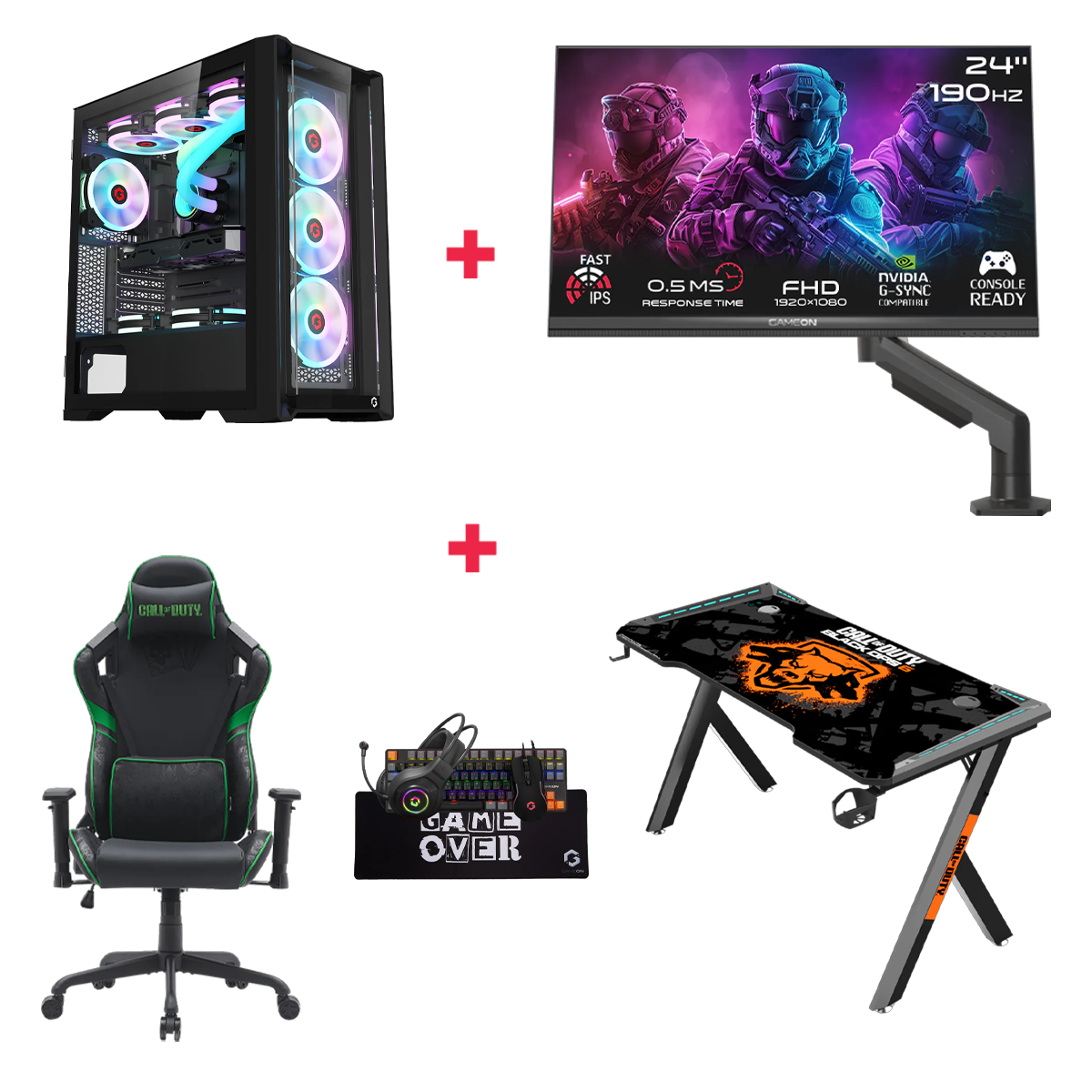 Customized Gaming PC Bundle - Intel i5 14400F Processor, 16GB RAM, 1TB SSD, RTX 5060 8GB, 750W PSU, 24" FHD 190Hz Monitor with Stand & All-In-One Gaming Bundle (Keyboard, Headset, Mouse & Mousepad) + Gaming Chair & Desk - Black