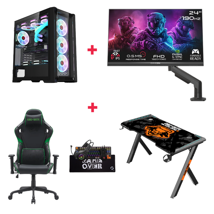 Customized Gaming PC Bundle - Intel i5 14400F Processor, 16GB RAM, 1TB SSD, RTX 5060 8GB, 750W PSU, 24" FHD 190Hz Monitor with Stand & All-In-One Gaming Bundle (Keyboard, Headset, Mouse & Mousepad) + Gaming Chair & Desk - Black
