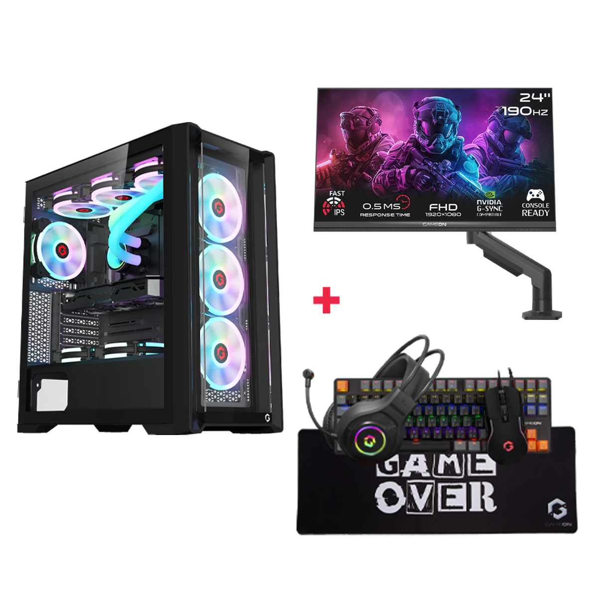 Customized Gaming PC Bundle - Intel i5 14400F Processor, 16GB RAM, 1TB SSD, RTX 5060 8GB, 750W PSU, 24" FHD 190Hz Monitor with Stand & All-In-One Gaming Bundle (Keyboard, Headset, Mouse & Mousepad) - Black