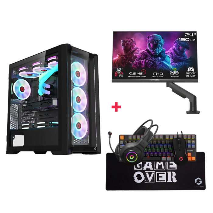 Customized Gaming PC Bundle - Intel i5 14400F Processor, 16GB RAM, 1TB SSD, RTX 5060 8GB, 750W PSU, 24" FHD 190Hz Monitor with Stand & All-In-One Gaming Bundle (Keyboard, Headset, Mouse & Mousepad) - Black