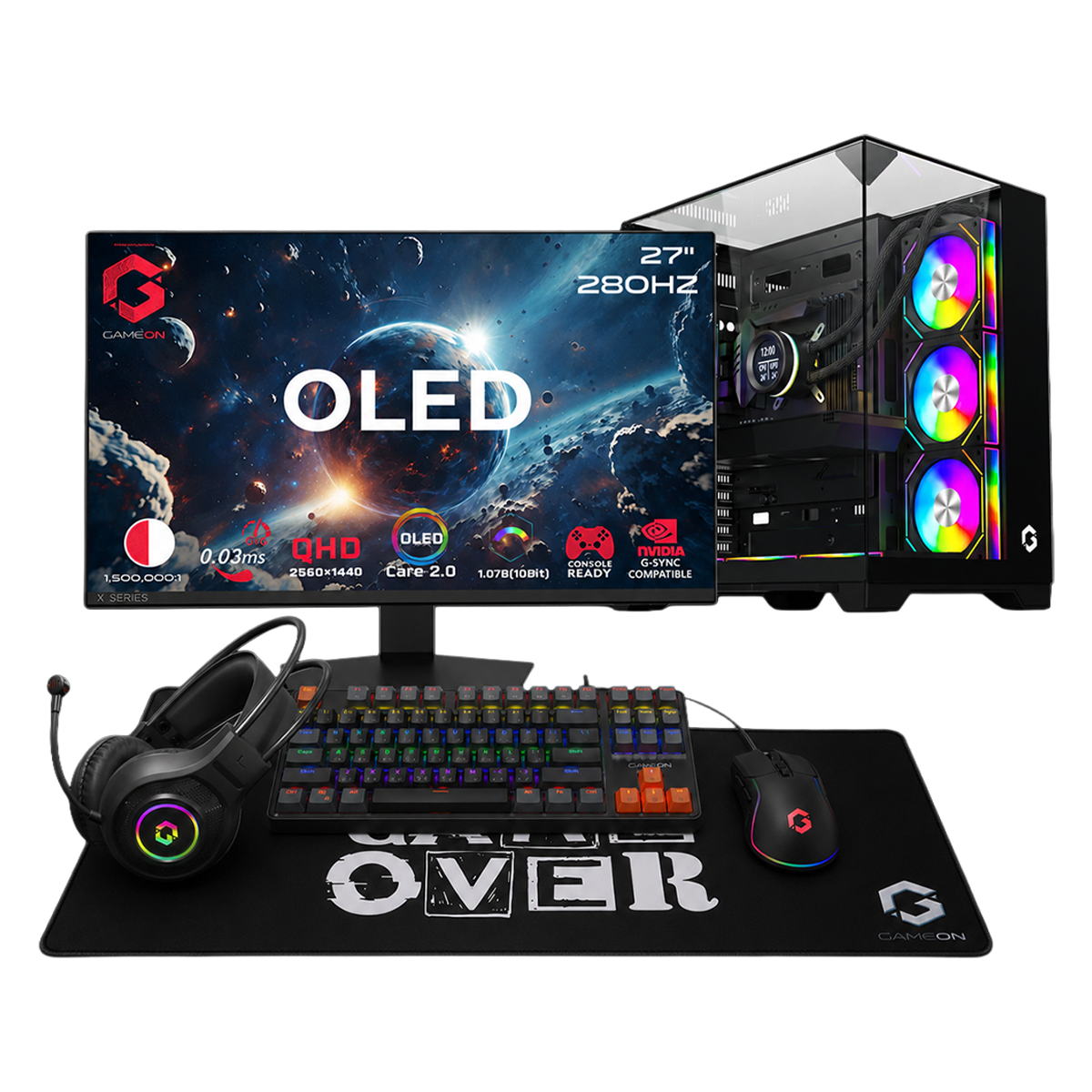 Intel Core i7-14700K, 16GB RAM, 1TB SSD, RTX 5070 12GB OC, 850W PSU, Liquid Cooler, 27" OLED QHD 280Hz Monitor & All-In-One Gaming Bundle (Keyboard, Headset, Mouse & Mousepad) - Black | Gaming PC Bundle