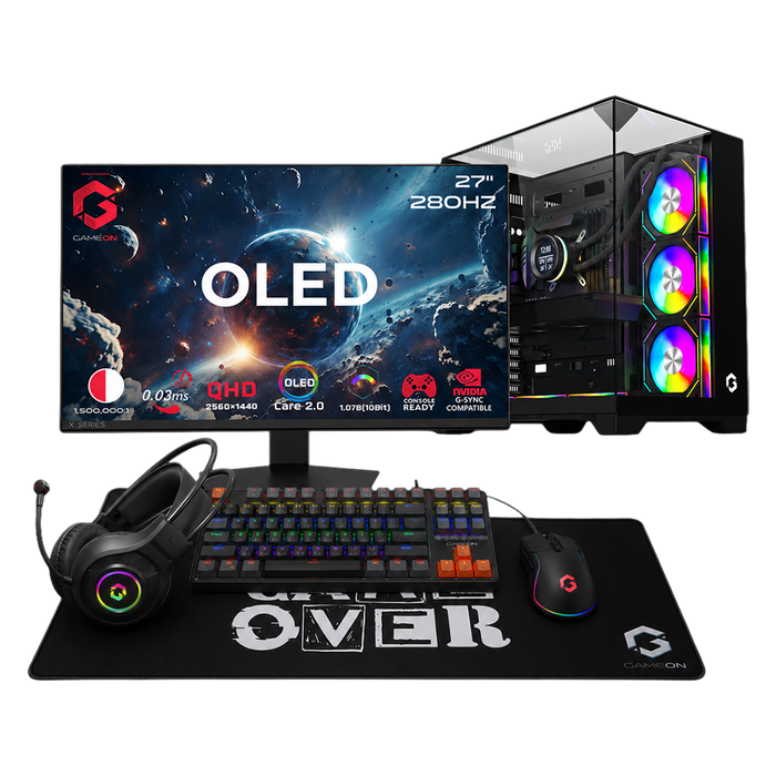 Intel Core i7-14700K, 16GB RAM, 1TB SSD, RTX 5070 12GB OC, 850W PSU, Liquid Cooler, 27" OLED QHD 280Hz Monitor & All-In-One Gaming Bundle (Keyboard, Headset, Mouse & Mousepad) - Black | Gaming PC Bundle