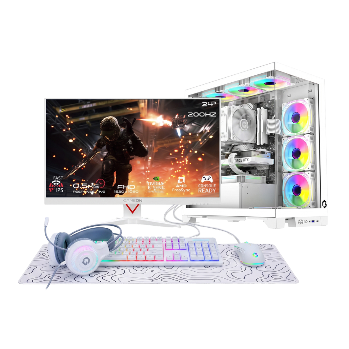 Intel Core Ultra 5 225F, 16GB RAM, 1TB SSD, RTX 5060 8GB OC, 750W PSU, Liquid Cooler, 24" FHD 200Hz Monitor & All-In-One Gaming Bundle (Keyboard, Headset, Mouse & Mousepad) - White | Gaming PC Bundle