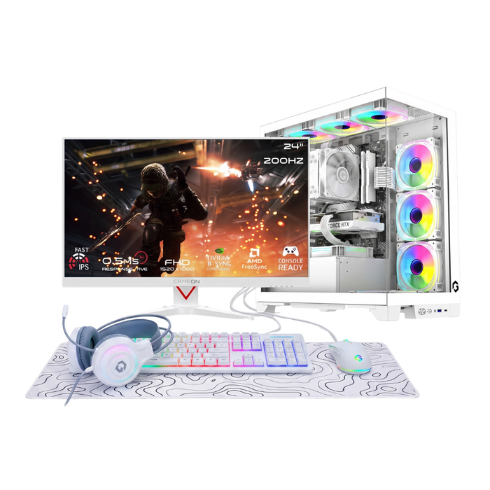 Intel Core Ultra 5 225F, 16GB RAM, 1TB SSD, RTX 5060 8GB OC, 750W PSU, Liquid Cooler, 24" FHD 200Hz Monitor & All-In-One Gaming Bundle (Keyboard, Headset, Mouse & Mousepad) - White | Gaming PC Bundle
