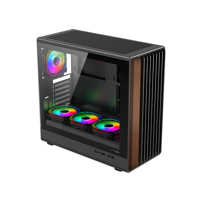 GAMEON TIMBER Midnight Series ARGB + PWM Mid Tower Gaming Case - Wood/Black