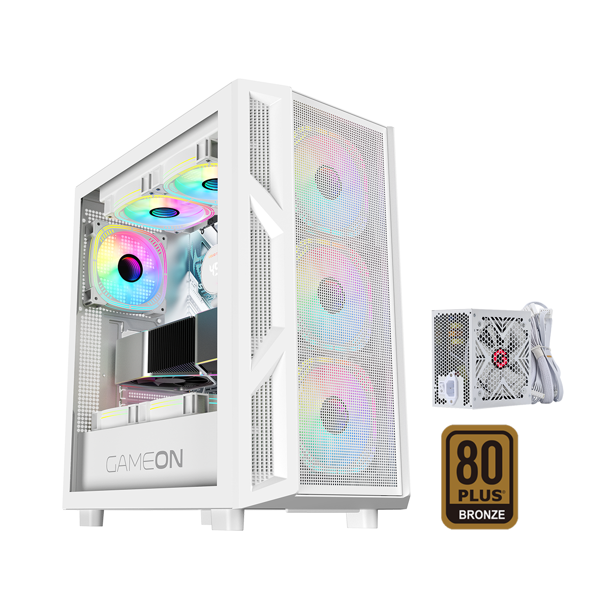 علبة ألعاب GAMEON Trident IV-A POWERFORGE Series متوسطة الحجم مع مزود طاقة 750 واط مثبت مسبقًا - أبيض