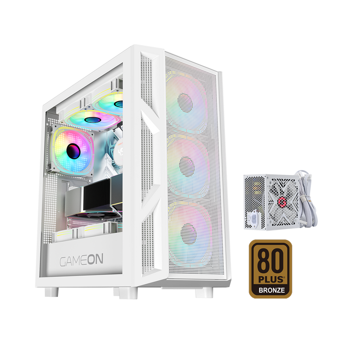 علبة ألعاب GAMEON Trident IV-A POWERFORGE Series متوسطة الحجم مع مزود طاقة 750 واط مثبت مسبقًا - أبيض