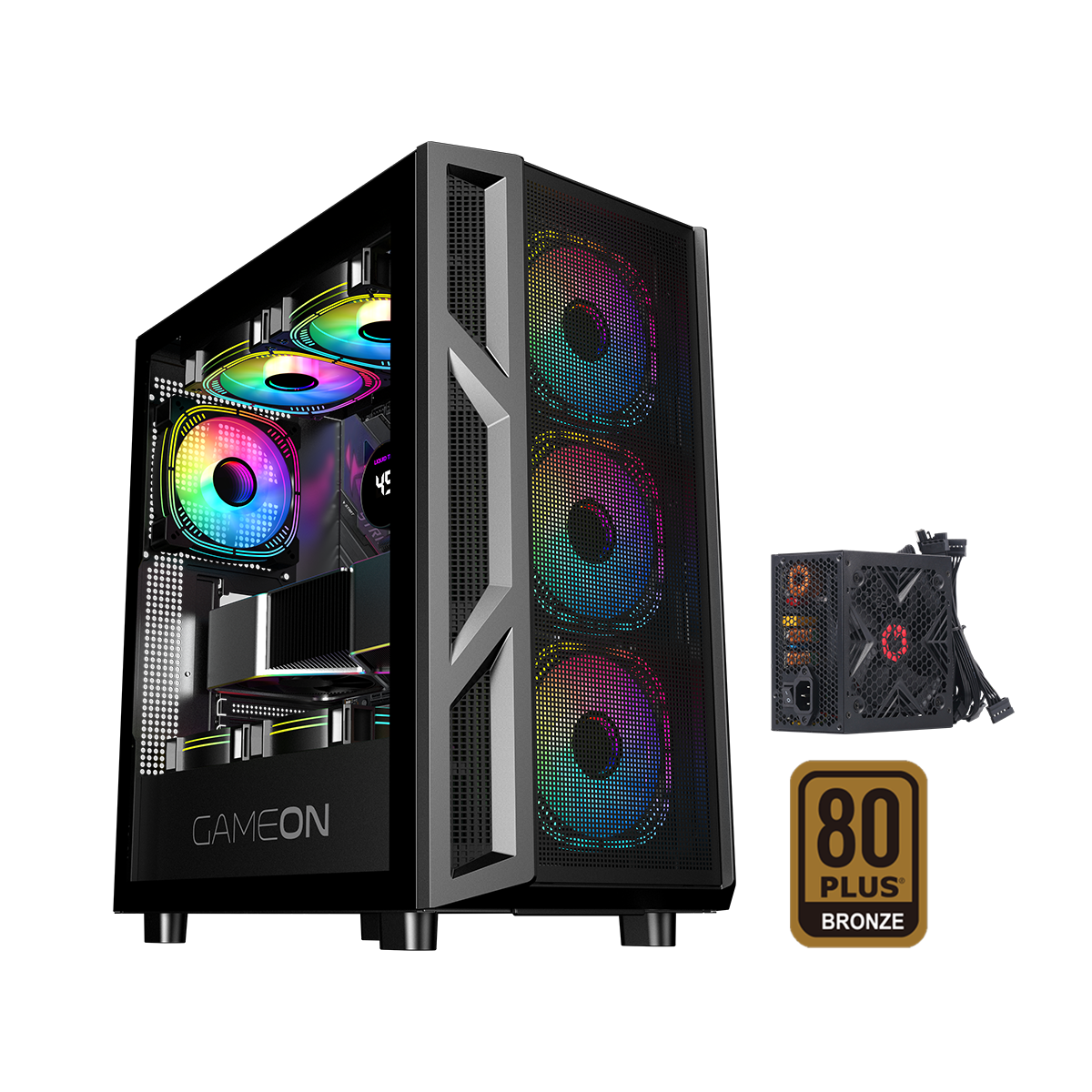 علبة ألعاب GAMEON Trident IV-M POWERFORGE Series متوسطة الحجم مع مزود طاقة 750 واط مثبت مسبقًا - أسود