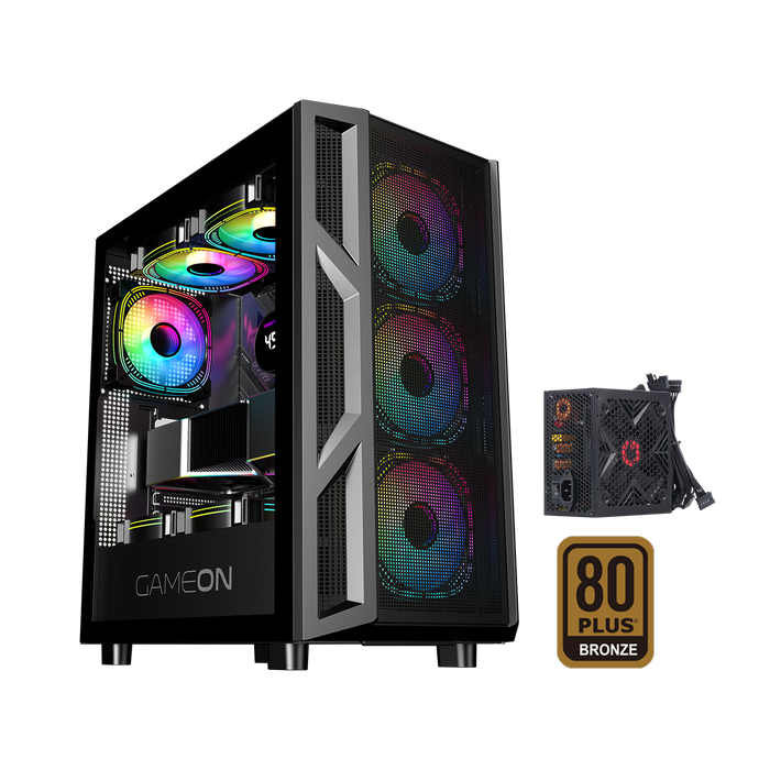 علبة ألعاب GAMEON Trident IV-M POWERFORGE Series متوسطة الحجم مع مزود طاقة 750 واط مثبت مسبقًا - أسود