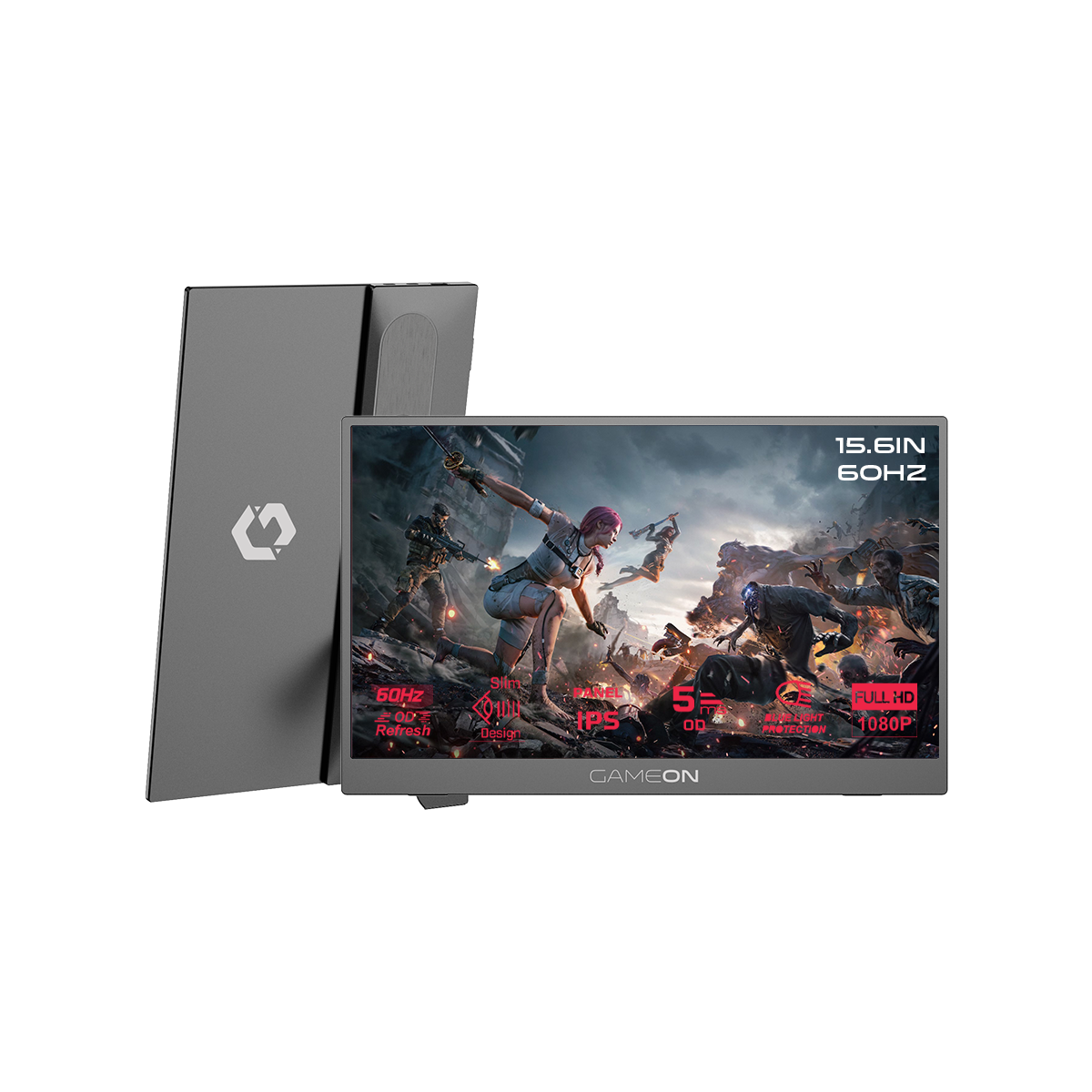 شاشة GAMEON GO15F60IPS-B FLEXVIEW Series محمولة بحجم 15.6 بوصة، 60 هرتز، 5 مللي ثانية، بمنفذي USB-C و HDMI 1.4، تصميم نحيف، لوحة IPS مع مسند - أسود