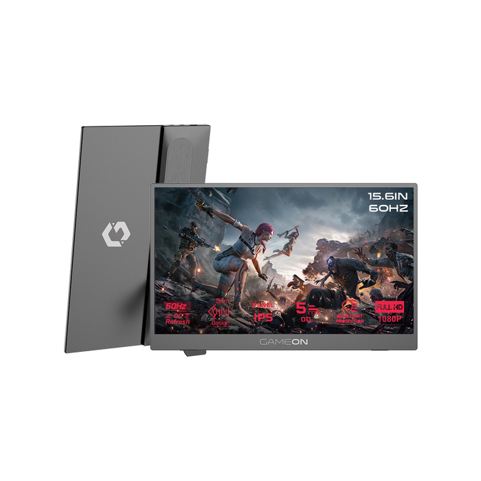 شاشة GAMEON GO15F60IPS-B FLEXVIEW Series محمولة بحجم 15.6 بوصة، 60 هرتز، 5 مللي ثانية، بمنفذي USB-C و HDMI 1.4، تصميم نحيف، لوحة IPS مع مسند - أسود