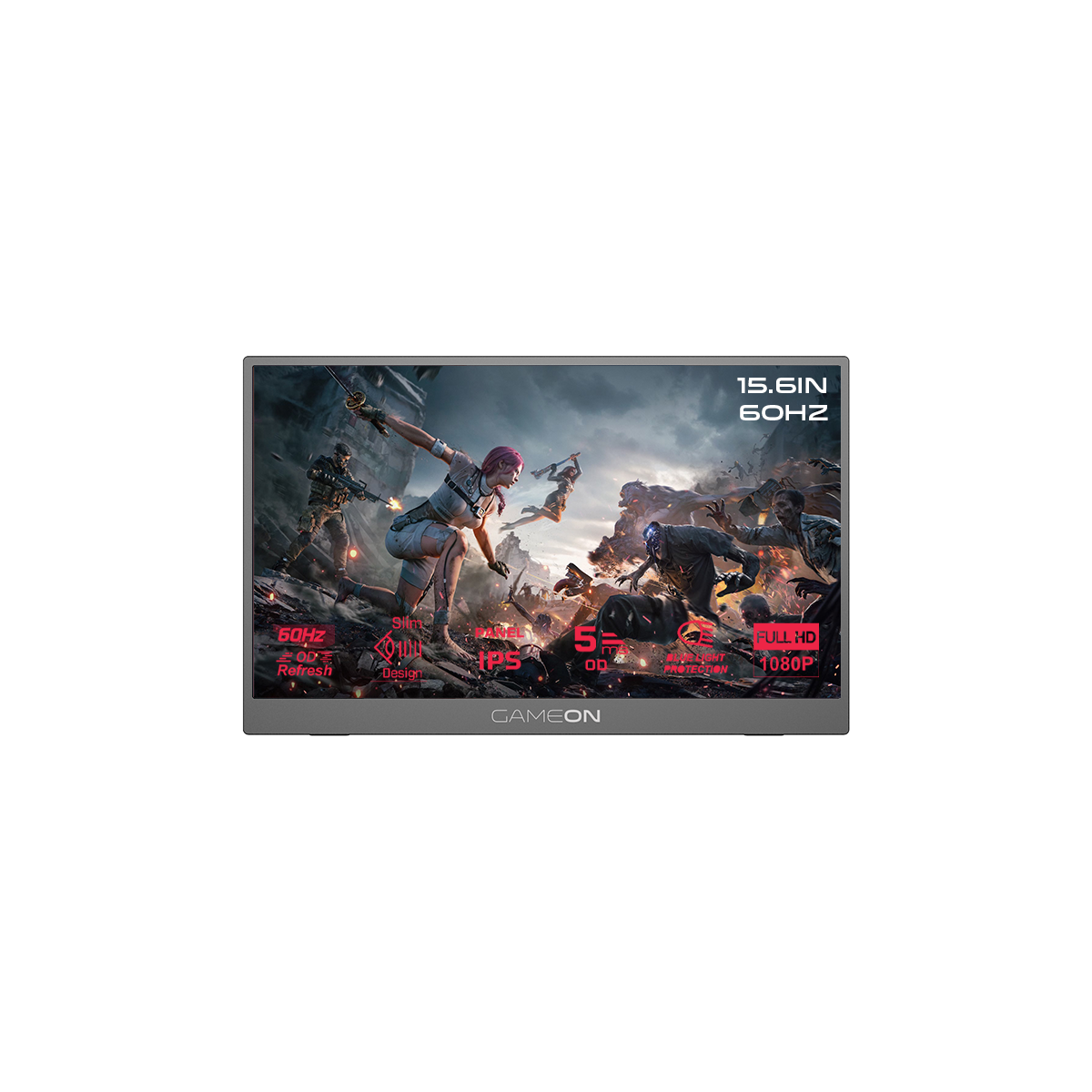 شاشة GAMEON GO15F60IPS-B FLEXVIEW Series محمولة بحجم 15.6 بوصة، 60 هرتز، 5 مللي ثانية، بمنفذي USB-C و HDMI 1.4، تصميم نحيف، لوحة IPS مع مسند - أسود