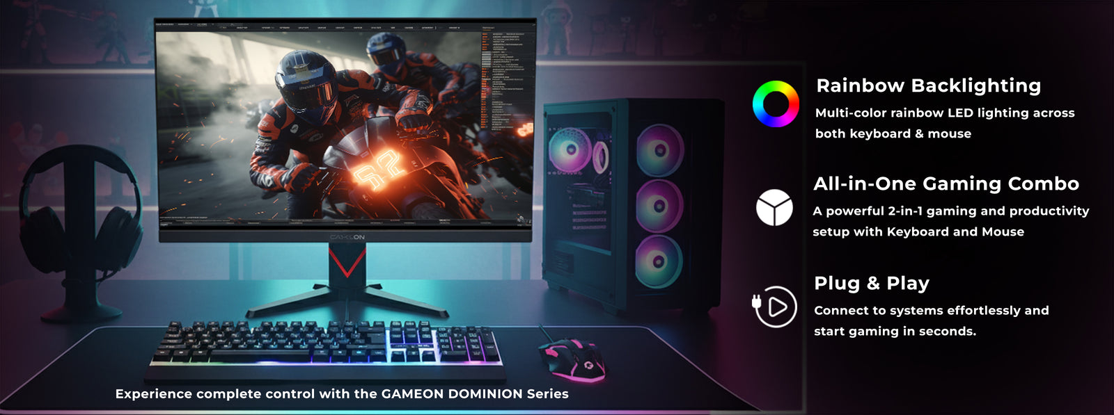 Gaming setup featuring GAMEON DOMINION Series GO21KM-B RGB Wired Keyboard & Mouse Combo on desk with RGB-lit monitor, gaming PC, and headset. Text highlights rainbow backlighting, all-in-one gaming combo, and plug & play connectivity.