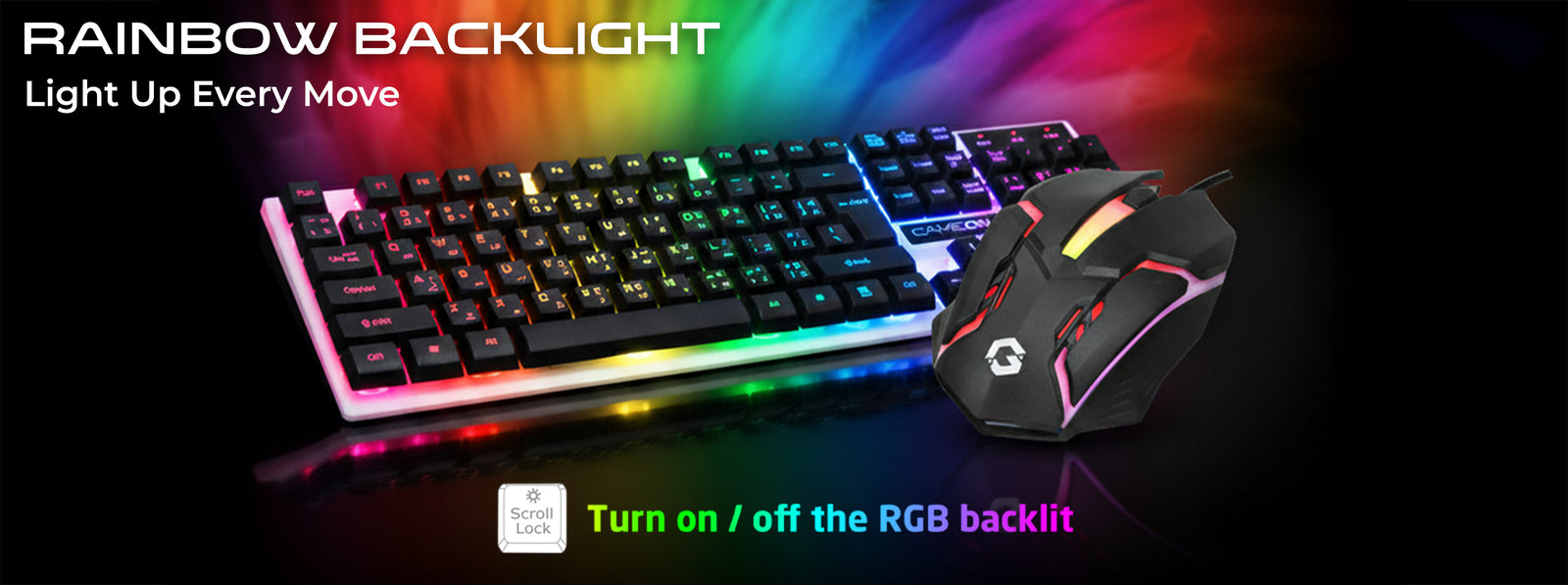 Close-up of GAMEON DOMINION Series GO21KM-B RGB Wired Keyboard & Mouse Combo showcasing vivid rainbow backlighting across both devices, with the text “RAINBOW BACKLIGHT – Light Up Every Move” and note to toggle lighting using the Scroll Lock key.
