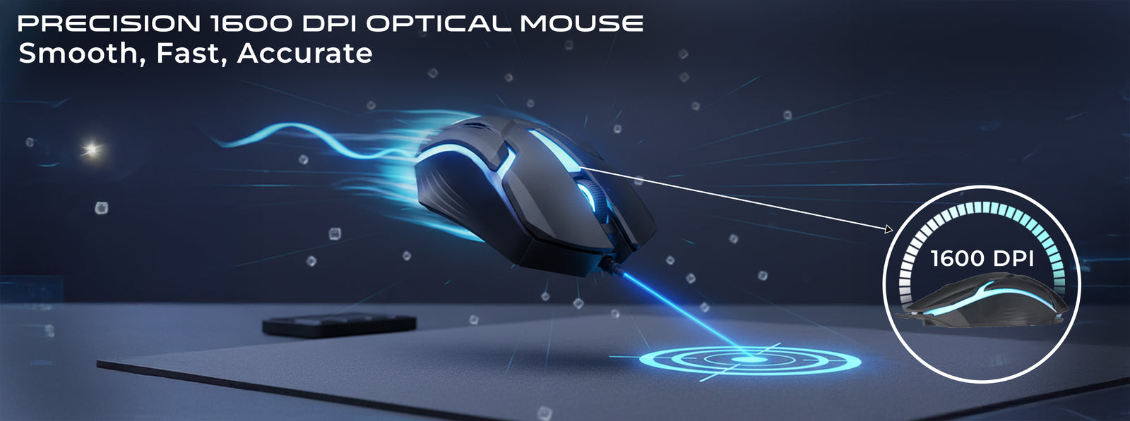 Close-up of GAMEON DOMINION Series GO21KM-B RGB Wired Mouse featuring a glowing blue light beam and “1600 DPI” optical sensor indicator, emphasizing smooth, fast, and accurate performance for gaming precision.