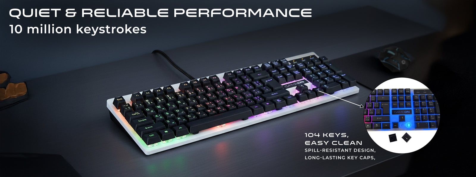 Top view of GAMEON DOMINION Series GO21KM-B RGB Wired Keyboard with 104 spill-resistant keys, featuring rainbow backlighting and durable keycaps designed for 10 million keystrokes, ensuring quiet and reliable performance.