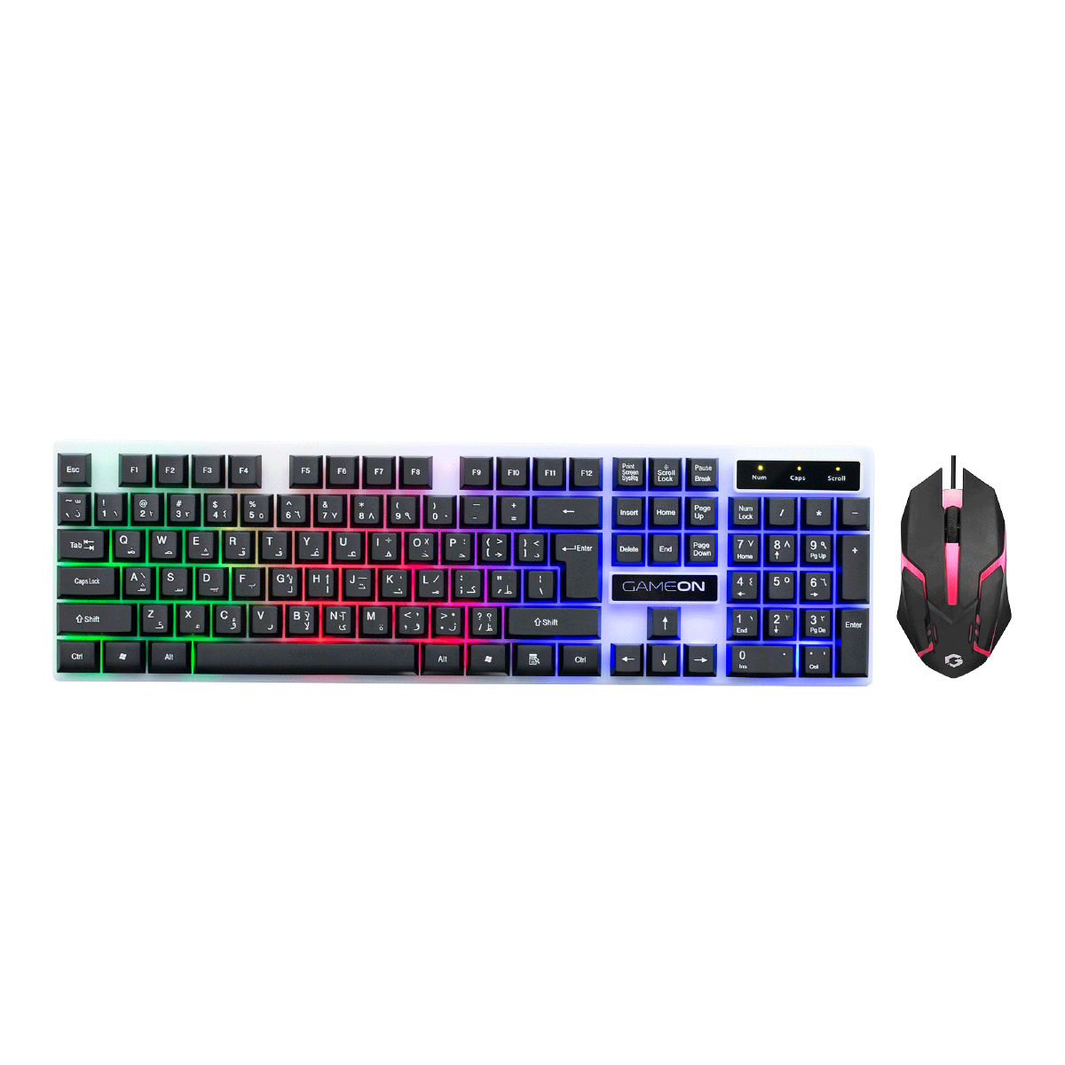 Front view of GAMEON DOMINION Series GO21KM-B RGB Wired Keyboard & Mouse 2 in 1 Combo, featuring a full-size English/Arabic layout keyboard with rainbow backlighting and matching ergonomic RGB gaming mouse.