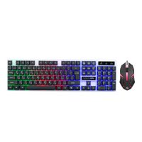 Front view of GAMEON DOMINION Series GO21KM-B RGB Wired Keyboard & Mouse 2 in 1 Combo, featuring a full-size English/Arabic layout keyboard with rainbow backlighting and matching ergonomic RGB gaming mouse.