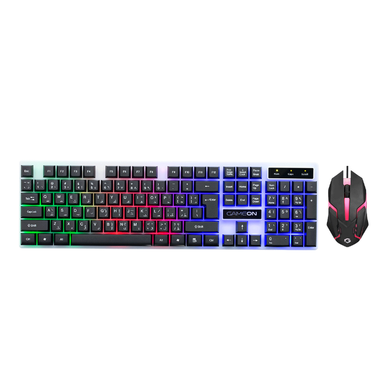 Front view of GAMEON DOMINION Series GO21KM-B RGB Wired Keyboard & Mouse 2 in 1 Combo, featuring a full-size English/Arabic layout keyboard with rainbow backlighting and matching ergonomic RGB gaming mouse.