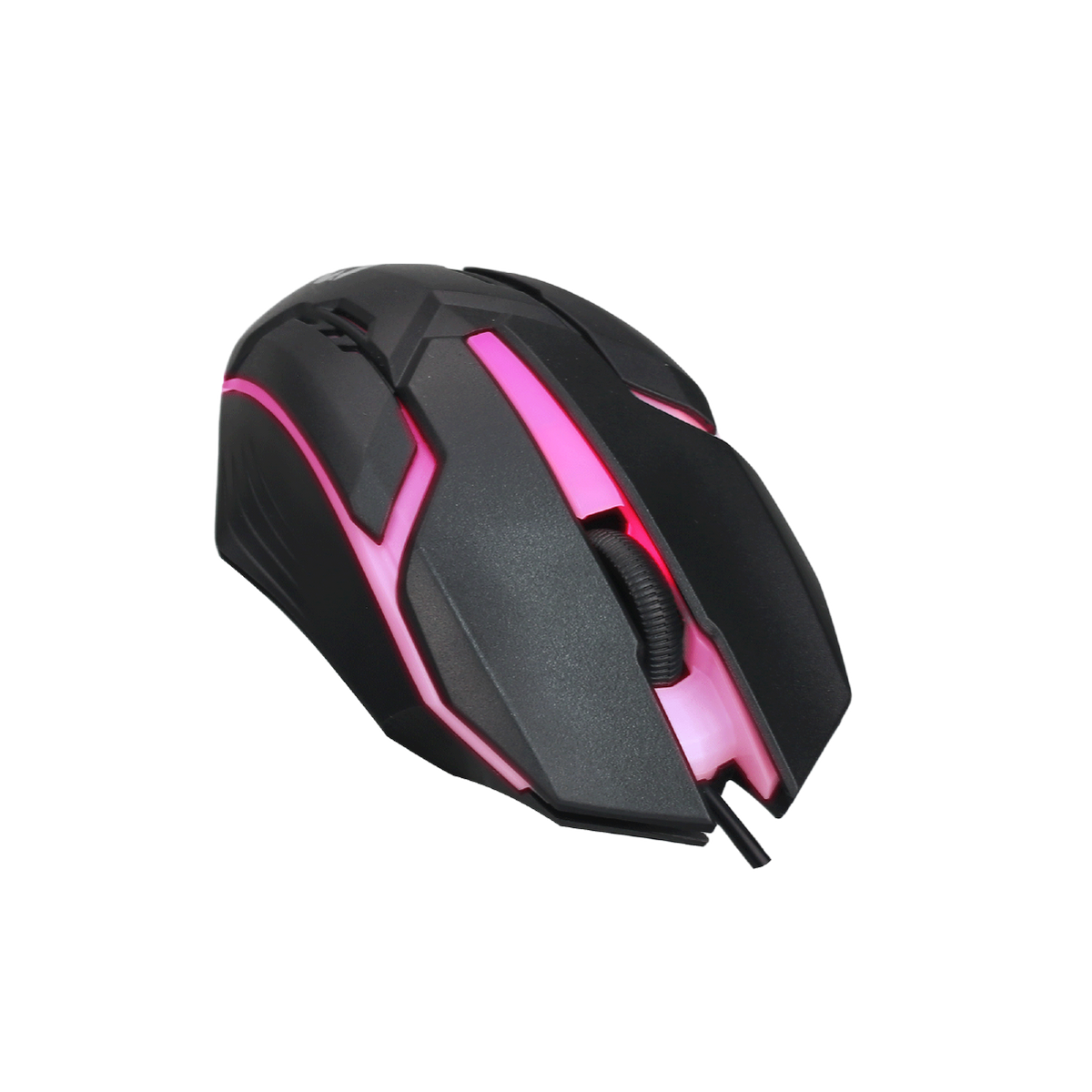Angled view of GAMEON DOMINION Series RGB Wired Mouse showcasing black and pink illuminated design with ergonomic grip and scroll wheel lighting.