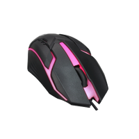 Angled view of GAMEON DOMINION Series RGB Wired Mouse showcasing black and pink illuminated design with ergonomic grip and scroll wheel lighting.