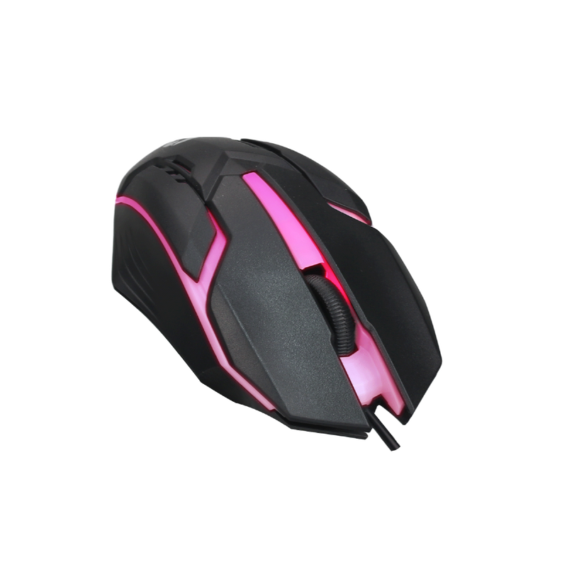 Angled view of GAMEON DOMINION Series RGB Wired Mouse showcasing black and pink illuminated design with ergonomic grip and scroll wheel lighting.
