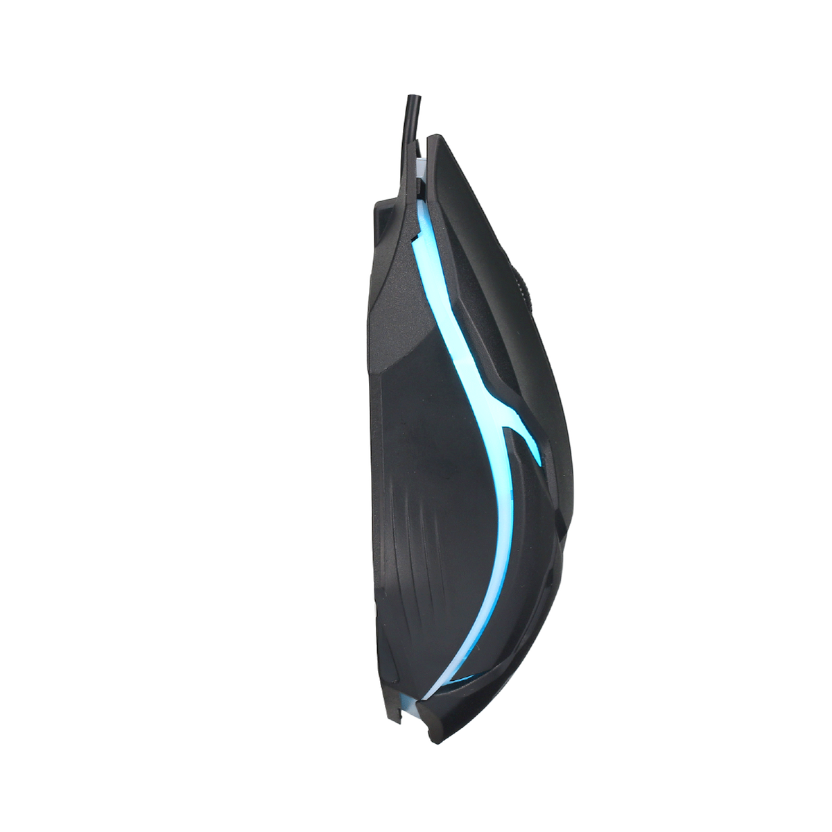 Side view of GAMEON DOMINION Series RGB Wired Mouse featuring black ergonomic body with glowing blue LED accents and textured grip for comfort.