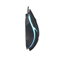 Side view of GAMEON DOMINION Series RGB Wired Mouse featuring black ergonomic body with glowing blue LED accents and textured grip for comfort.